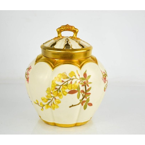 17 - A Royal Worcester pot pourri vase with inner cover and outer cover painted with flowers, on an ivory... 