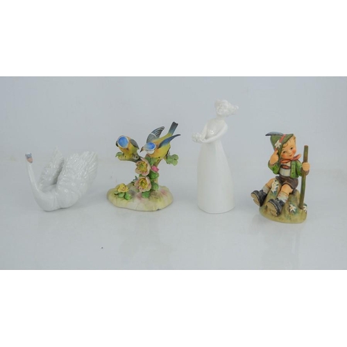 34 - A group of figurines to include a Hummel Goebel Mountaineer 315, Lladro Swan, Coalport figure holdin... 