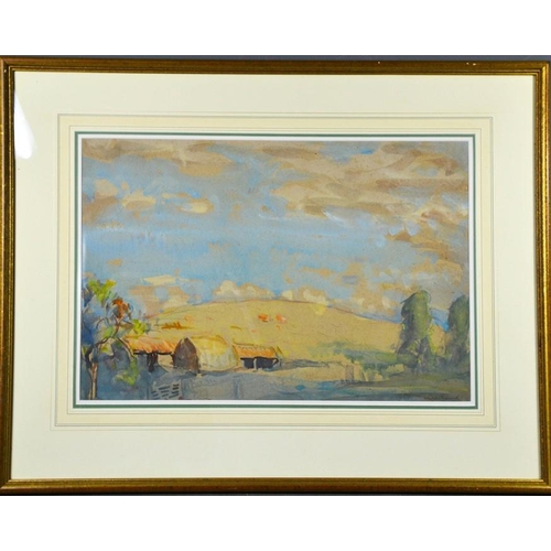 496 - Knighton Hammund (20th century): barns in landscape, watercolour, 36 by 55cm.