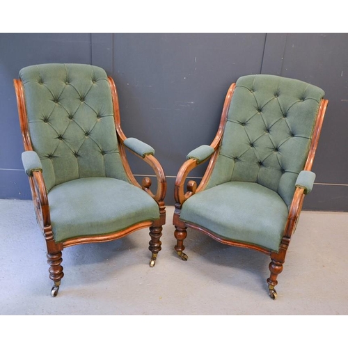 556 - A pair of 19th century William IV mahogany chairs, with scroll arms, serpentine seat fronts, turned ... 