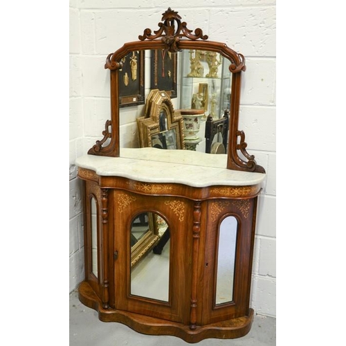 558 - A 19th century Victorian serpentine sideboard with marble top and mirrored back, with inlaid detail ... 