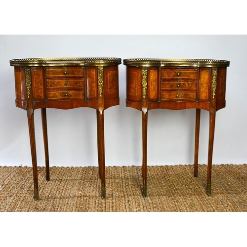 564 - A fine pair of Louis XV style late 19th century burr elm and mahogany strung side tables, with gilt ... 