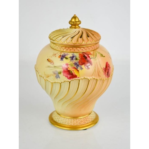 7 - A Royal Worcester blush ivory wyvern shape vase and cover, finely painted with flowers and a caterpi... 