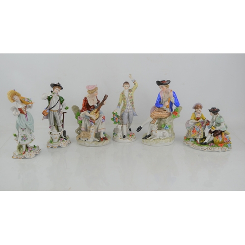 69 - Four 20th century Sitzendorf porcelain figures, together with a pair of German porcelain figures.