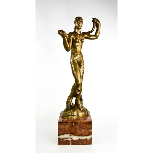 12 - Jaroslaw Horecj (1886-1983): Art deco bronze figure raised on a red marble base, signed beneath the ... 