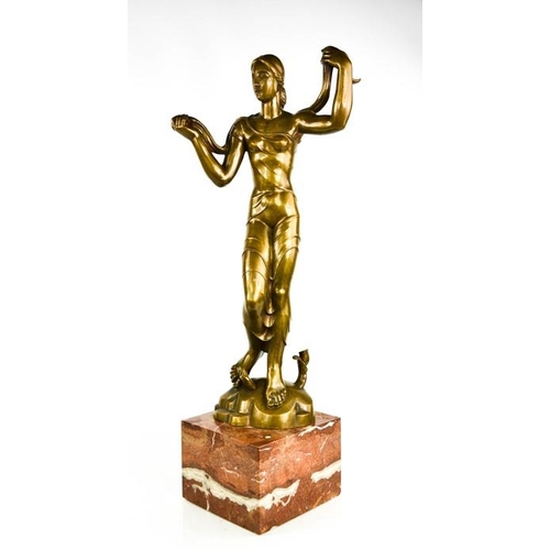 12 - Jaroslaw Horecj (1886-1983): Art deco bronze figure raised on a red marble base, signed beneath the ... 