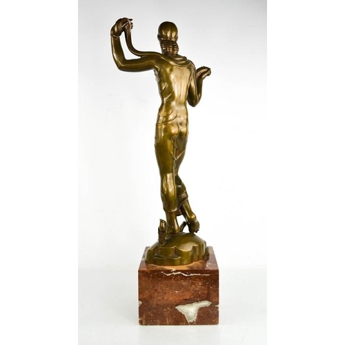 12 - Jaroslaw Horecj (1886-1983): Art deco bronze figure raised on a red marble base, signed beneath the ... 