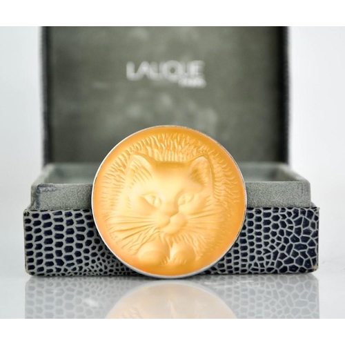 31 - A Lalique glass cat head brooch, in the original box. 4.5cms diameter