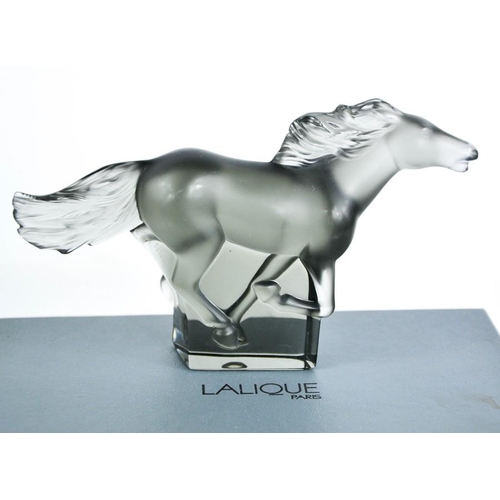 32 - A Rene Lalique Kazak smoky glass horse, etched Lalique, in original box.11.5cms x 18cms