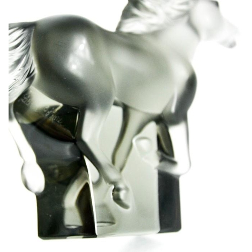 32 - A Rene Lalique Kazak smoky glass horse, etched Lalique, in original box.11.5cms x 18cms