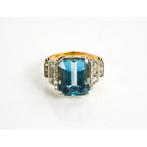 43 - A gold, platinum, aquamarine and diamond ring, the rectangular cut aquamarine approximately 9cts, fl... 