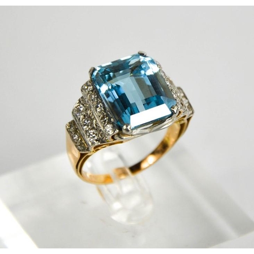 43 - A gold, platinum, aquamarine and diamond ring, the rectangular cut aquamarine approximately 9cts, fl... 