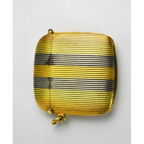 44 - Fine Imperial Russian possibly by Faberge three colour striped gold vesta case of curved rectangular... 