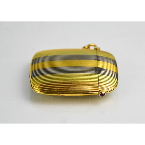 44 - Fine Imperial Russian possibly by Faberge three colour striped gold vesta case of curved rectangular... 