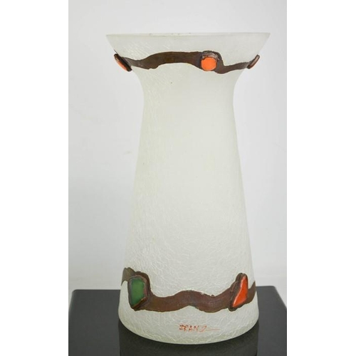 45 - An Art Glass vase by Franz, white opaque glass with painted upper and lower border, signed.