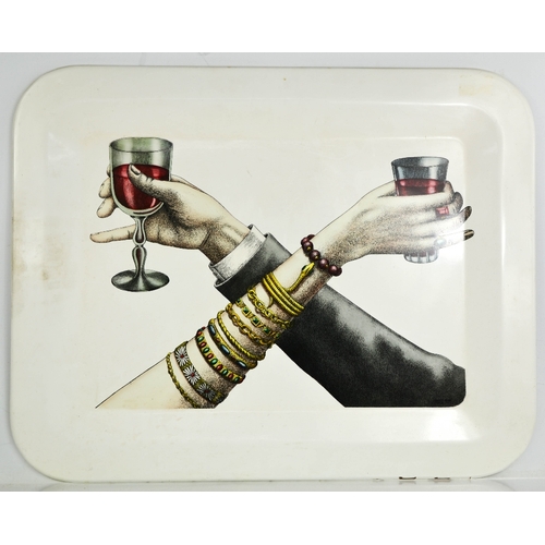 50A - A large white Fornasetti tray with hands holding wine goblets, 48cms x 60cms