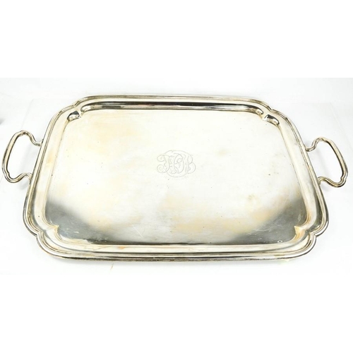 163 - A large silver tray with engraved initials and inscribed '18th April 1921', twin handles and re-entr... 