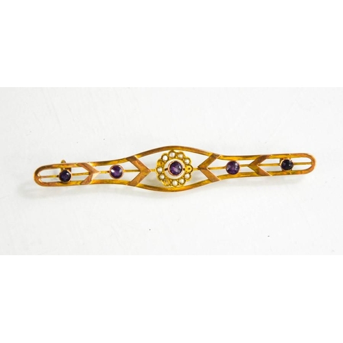 174 - A yellow metal, amethyst and seed pearl brooch, 3.1g. A/F