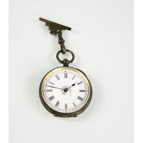 225 - A 19th century silver ladies pocket watch with pink roman numeral dial, floral spray  to the centre.