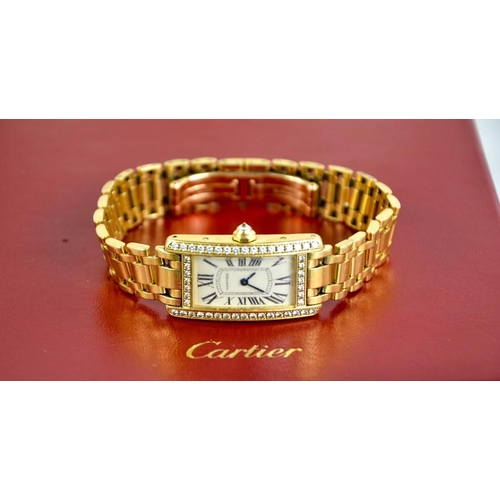 253 - An 18ct gold and diamond Cartier wristwatch, in the Tank Americaine design, silver grained dial read... 