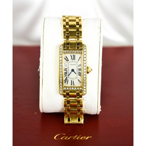 253 - An 18ct gold and diamond Cartier wristwatch, in the Tank Americaine design, silver grained dial read... 