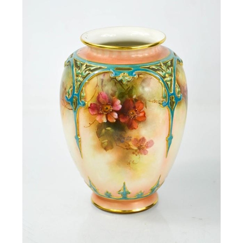 300 - A Hadley's Royal Worcester vase painted with flowers, with twin handles, together with another Hadle... 