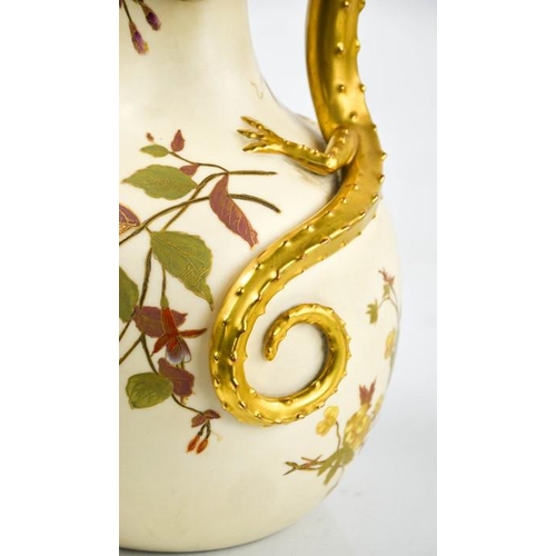 304 - A Royal Worcester blush ivory jug modelled with a gilded lizard with blue glass eyes, the body paint... 