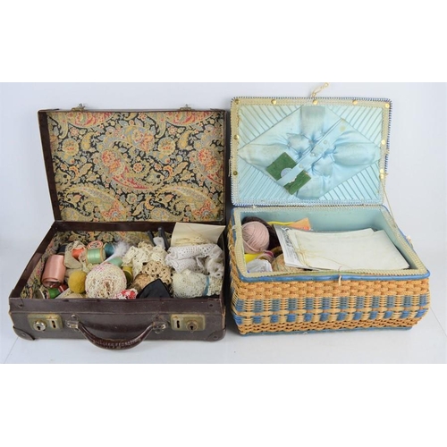 474 - A quantity of vintage sewing accessories and lace in a sewing box and leather case