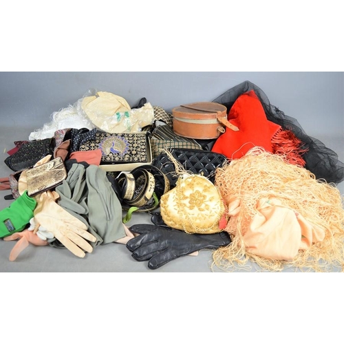 478 - A group of vintage gloves, bags, shawls, ties, bow ties etc