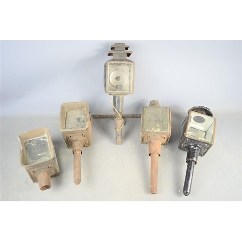 490 - A group of five Victorian carriage lamp lights, one has been converted to electricity
