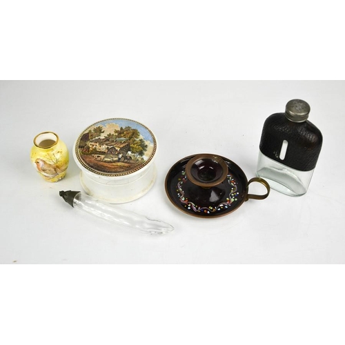 493 - A 19th century prattware pot and lid, together with a scent bottle in the form of a broad bean, an e... 