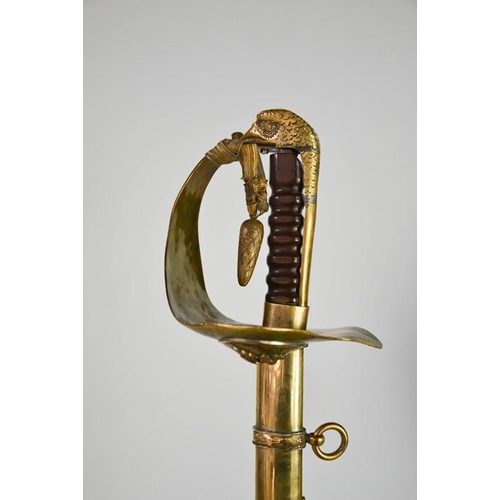 508 - An RAF dress sword with brass hilt, complete with dust sheet, and leather scabbard, with applied RAF... 