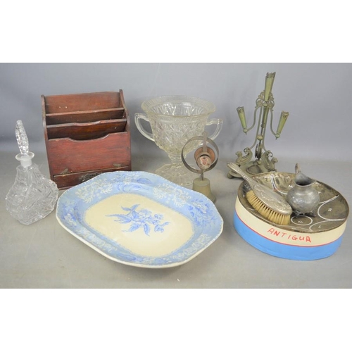 518 - A vintage Antigua steel drum together with a blue and white meat platter, servants bell, glass decan... 