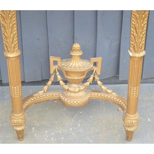 577 - A pair of Louis XVI style giltwood and marble top console tables with twin turned, carved and taperi... 