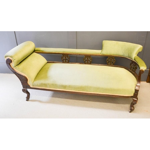 622 - A 19th century / early 20th century mahogany chaise longue, upholstered in green draylon, the back w... 