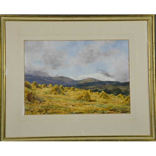 498 - James Aumonier (Exhib. 1864-1893): haystacks in landscape, 28 by 40cm.