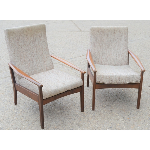 108a - A pair of Mid-Century Danish style teak lounge chairs, 82cm high by 63cm wide by 51cm