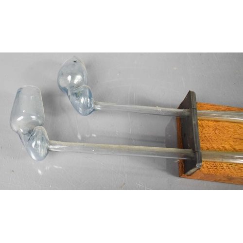 206 - A pair of antique glass opium pipes, mounted onto a wooden wall rack, 59cm long