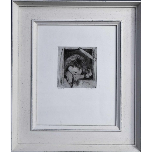 32 - Girl in a Window, limited edition print, 32/50, indistinctly signed, 24 by 19cm.