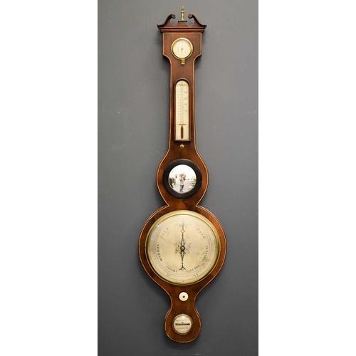 13 - A late 19th century mahogany cased wheel barometer with boxwood stringing, 96cms tall