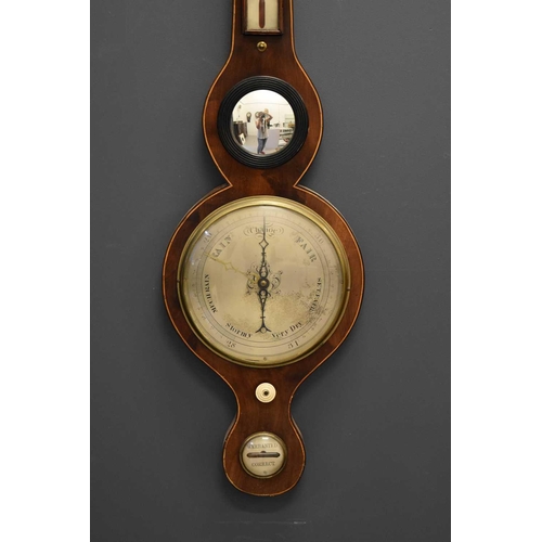 13 - A late 19th century mahogany cased wheel barometer with boxwood stringing, 96cms tall