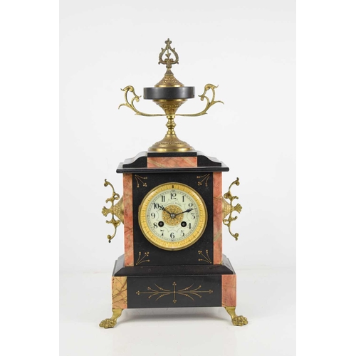 2 - A late 19th century French marble, slate and bronze mantle clock, retailed by Friedrich Bohler, two ... 