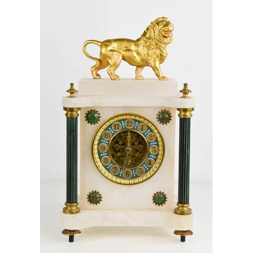 23 - A French alabaster and gilt metal mantle clock, surmounted by a lion, the green/blue Arabic dial bor... 