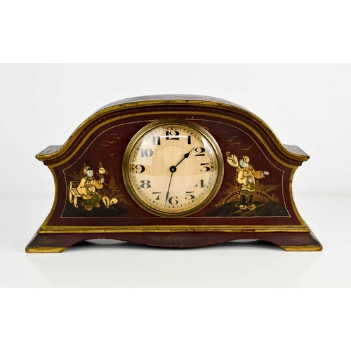 35 - An early 20th century Chinoiserie mantle clock, with gilt arabic dial, the red lacquered case hand p... 