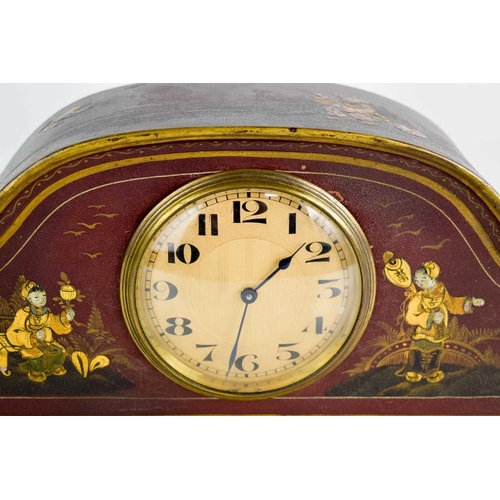 35 - An early 20th century Chinoiserie mantle clock, with gilt arabic dial, the red lacquered case hand p... 