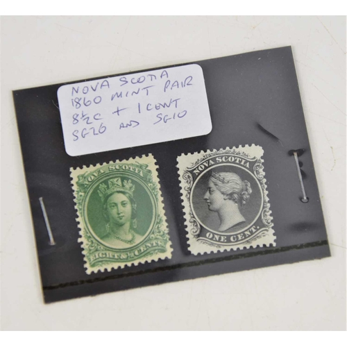 382 - Two mint Nova Scotia stamps, circa 1860, one and eight cents together with 1898 Jubilee Exhibition A... 