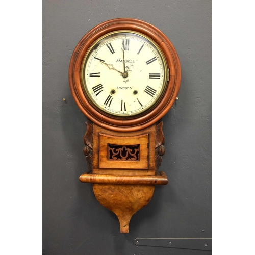 39 - A 19th century walnut and mahogany cased drop dial wall clock with foliate carving, with pendulum an... 