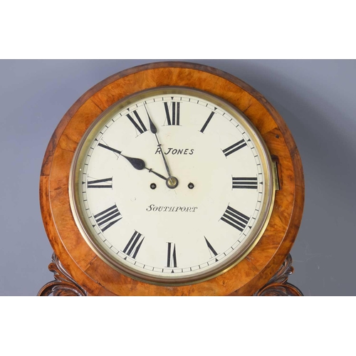 4 - A 19th century walnut cased drop dial clock, the dial signed R. Jones, Southport, with twin fusee mo... 