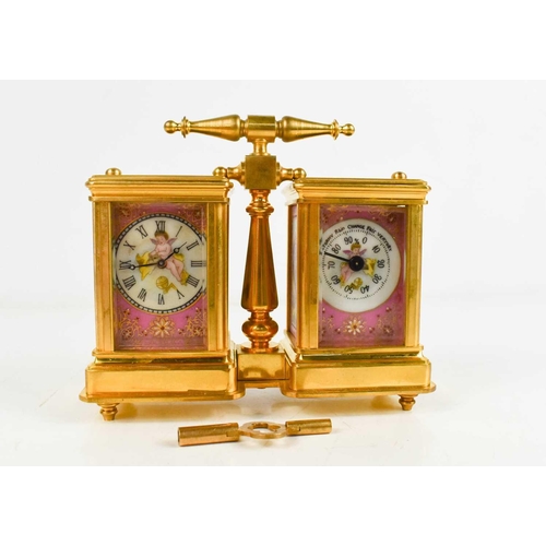 40 - A French gilt brass double miniature carriage clock and barometer, with pink porcelain and gilt pane... 