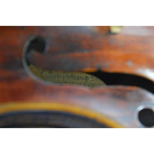 400 - A late 18th century violin, label inside which reads Joseph Rauch, lauten geigen, one piece maple ba... 